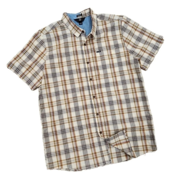 Volcom Plaid Casual Short Sleeve Button Down,Cream/Gray, Men's Large-listing as - Picture 1 of 7